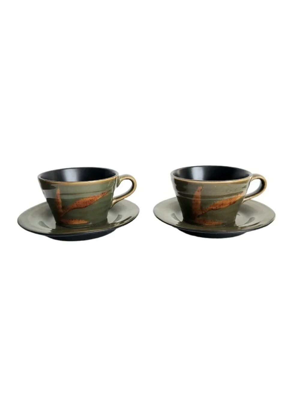 Set Of 2 Pier 1 DAKARA Tea Coffee Cup & Saucers Olive Green Black Interior Boho